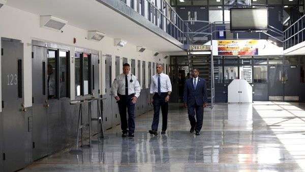U.S. President Barack Obama tours the El Reno Federal Correctional Institution in El Reno, Oklahoma.