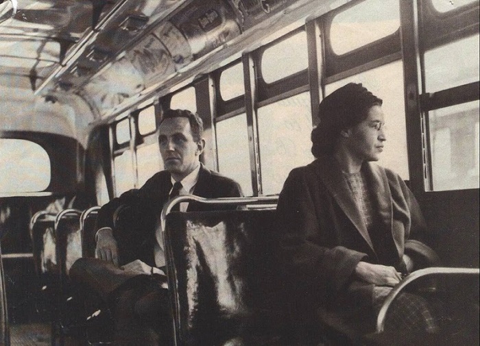 Rosa Parks rides on the Montgomery Area Transit System bus. On Dec. 1, 1955, Parks refused to give up her seat on a Montgomery bus, igniting the boycott that led to a federal court ruling against segregation in public transportation. 
