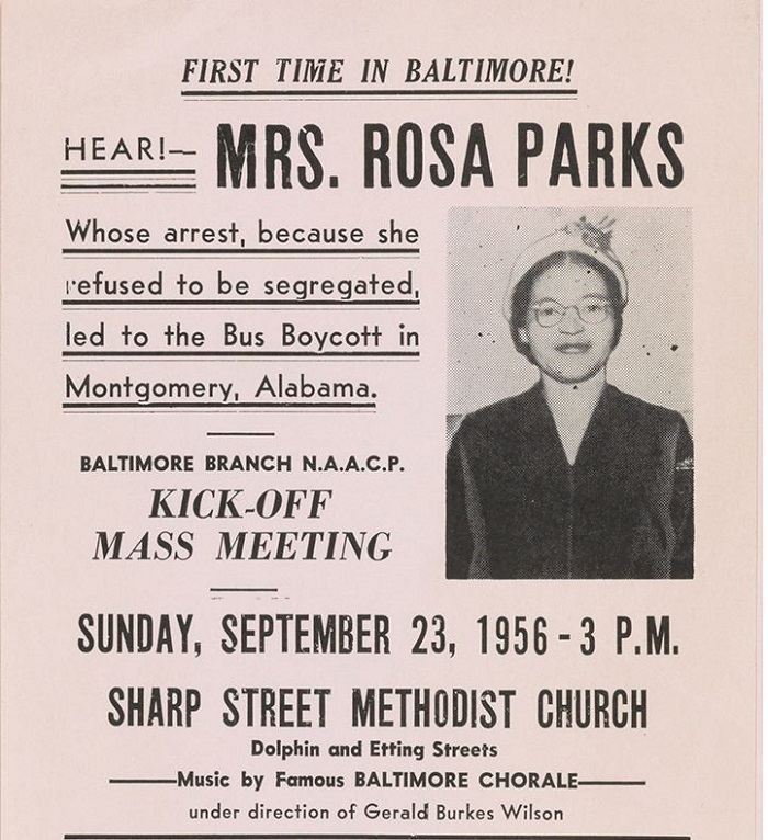 NAACP Baltimore Branch flyer advertising a lecture by Rosa Parks at the Sharp Street Methodist Church,September 23, 1956. Rosa Parks Papers, Manuscript Division. 