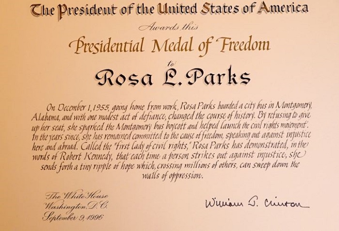 Presidential Medal of Freedom given to Rosa Parks.