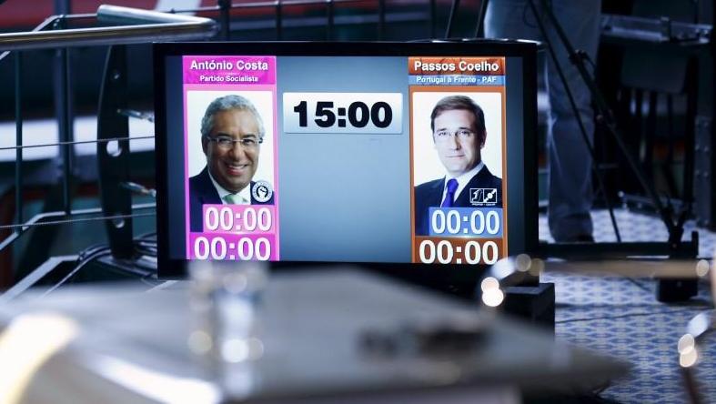 A screen shows images of Portugal's Prime Minister Pedro Passos Coelho and Antonio Costa, the leader of the opposition Socialist party (PS), Sept. 17, 2015.