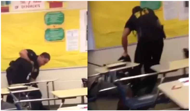 A school cop is filmed putting a high school student in a chokehold and throwing her back in her chair.