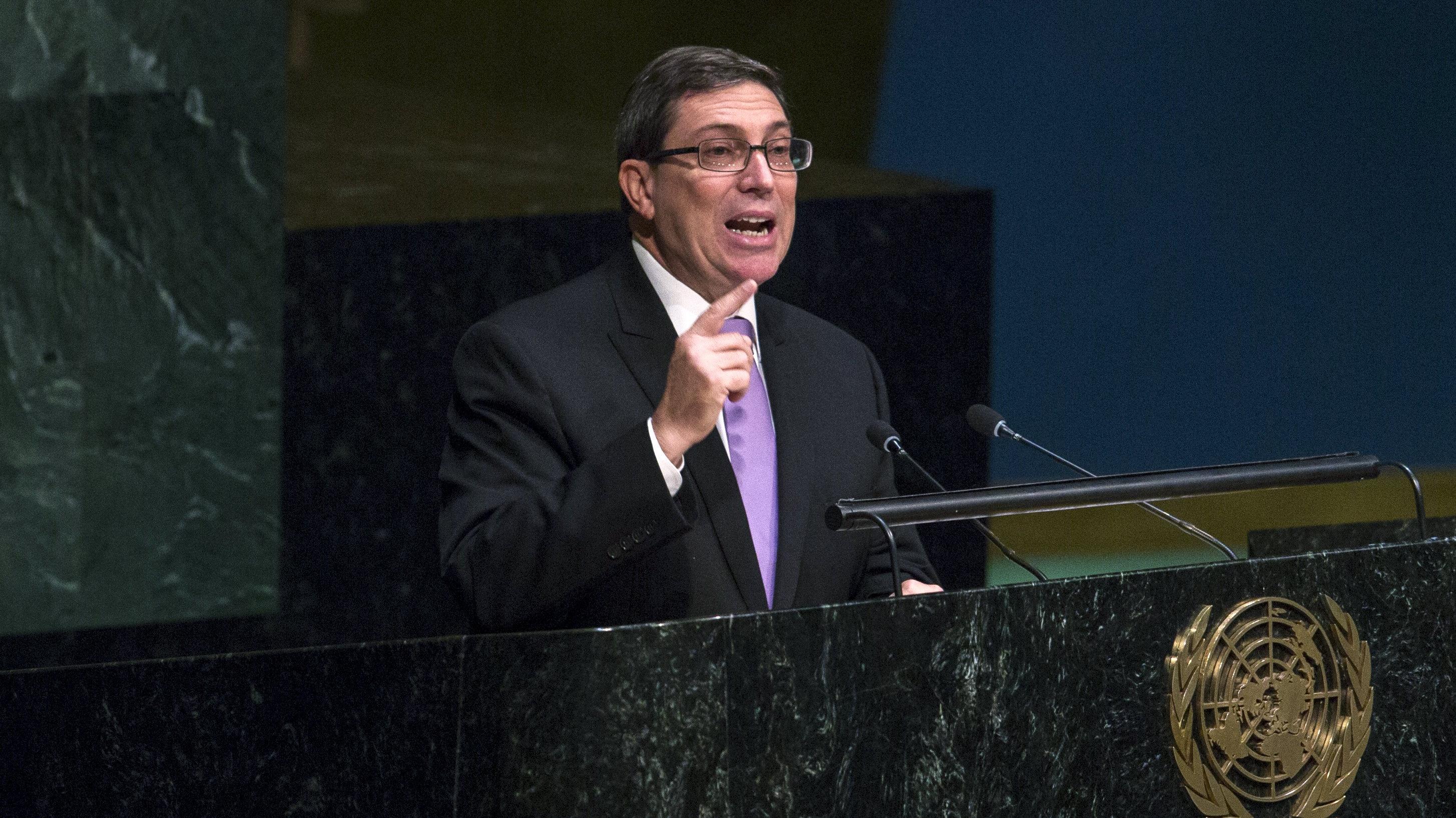Cuban Foreign Minister Bruno Rodriguez speaks before a United Nations General Assembly vote on the Cuban blockade.