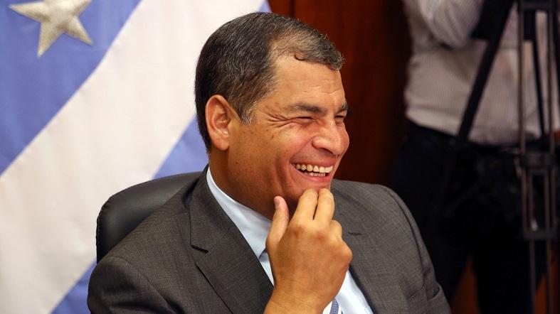 Ecuadorean President Rafael Correa laughs during a meeting with local media in the city of Guayaquil, Ecuador, Oct. 29, 2015.