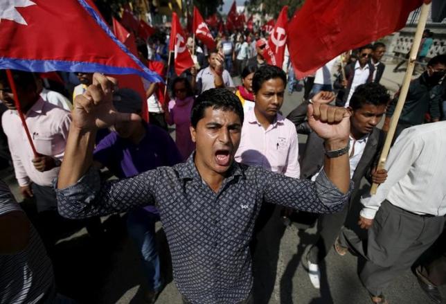 Demonstrators affiliated with various political parties take part in an anti-India protest in Kathmandu, Nepal Oct. 1, 2015.
