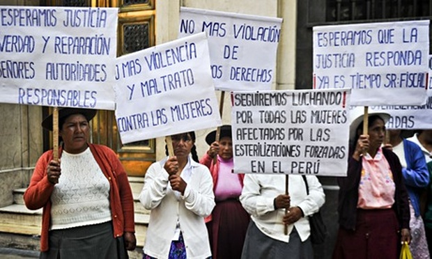 Women who suffered forced sterilisation during the administration of former President Alberto Fujimori protest in Lima.