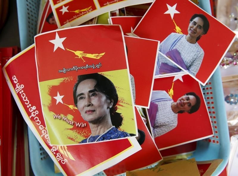 Aung San Suu Kyi stickers for sale are seen at the National League for Democracy headquarters ahead of Sunday's general election in Yangon, Myanmar.