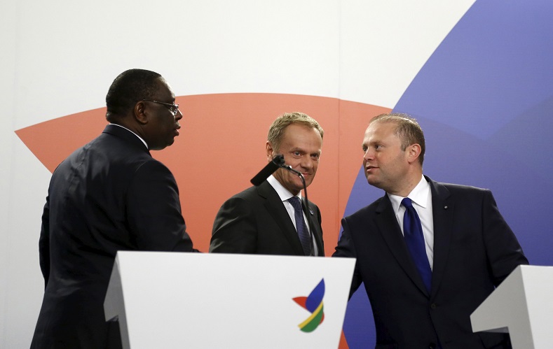 Senegal's President Macky Sall, European Council President Donald Tusk and Malta's Prime Minister Joseph Muscat end a joint news conference at the end of the Valletta Summit on Migration in Valletta, Malta.