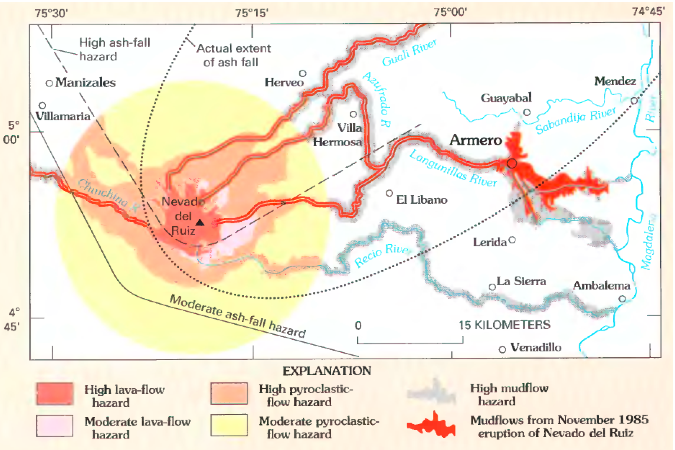 A recent hazard map prepared for Nevado del Ruiz and vicinity, showing all of the major disaster zones affected by the eruption.