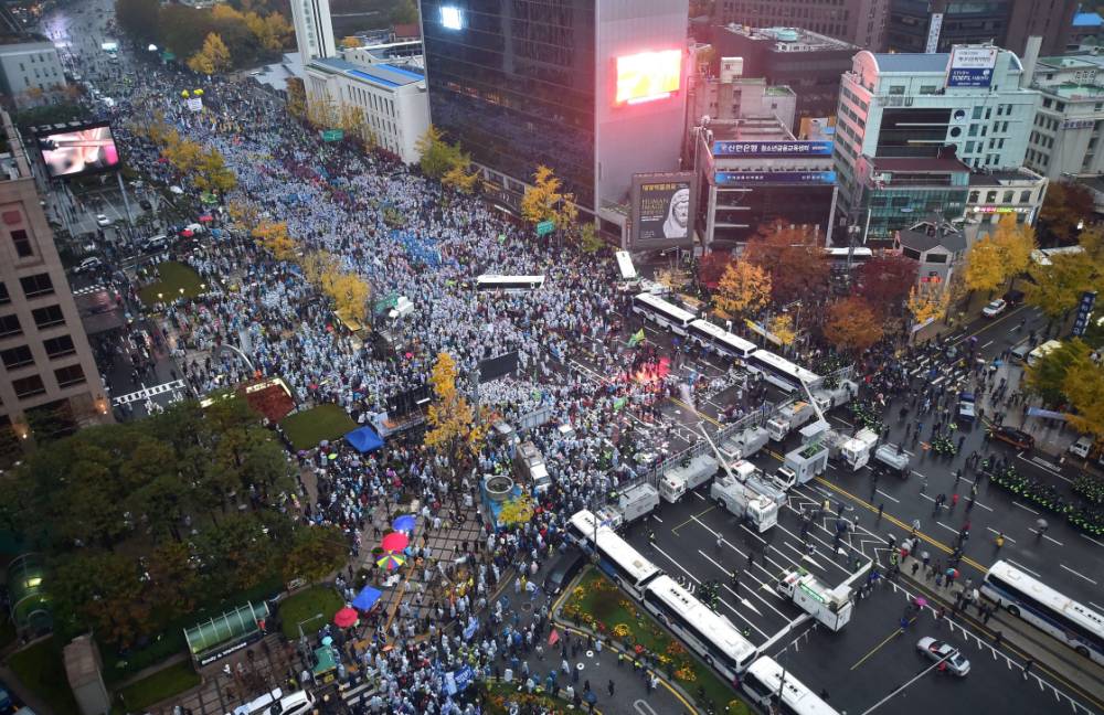 Tens of thousands march in Seoul against revised education and labor policies on Nov. 14, 2015.