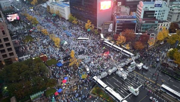 Tens of thousands march in Seoul against revised education and labor policies on Nov. 14, 2015.