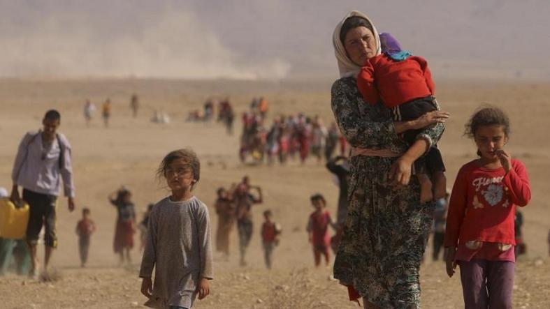 Displaced people from the minority Yazidi sect flee violence from forces loyal to the Islamic State group in Iraq, on the outskirts of Sinjar mountain.