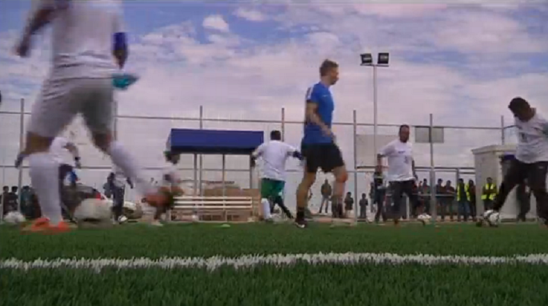 A still from footage from the first day of Premier League workshops at the Jordanian refugee camp.