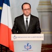 French President Francois Hollande speaks at the Elysee Palace in Paris, France, the day after a series of deadly attacks in the French capital, Nov. 14, 2015