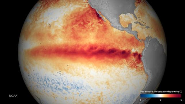 The sea surface temperature departure is seen in an undated NOAA image released Oct. 9, 2015.
