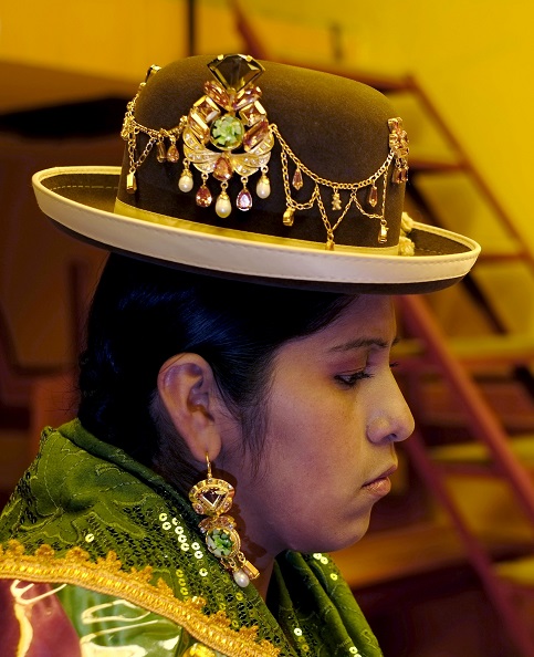A model is seen at the fair of the Cholita fashion show at Villa Esperanza.