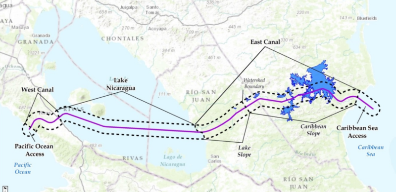 The planned Nicaragua canal route.
