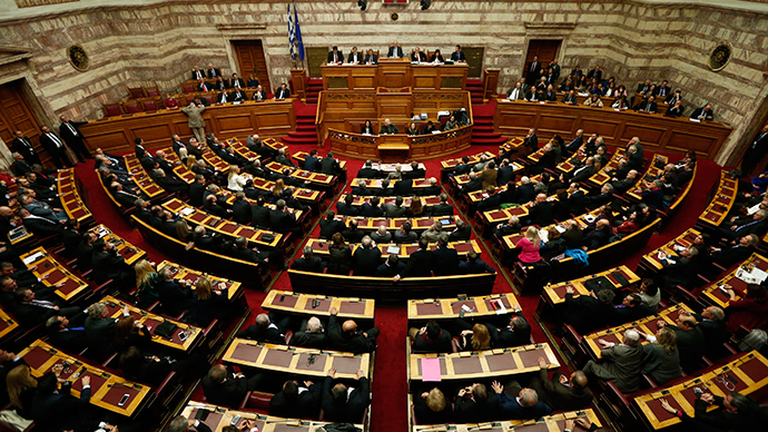 A general view is seen of the Greek parliament in Athens.