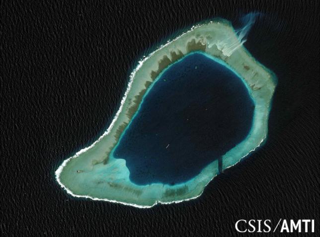 A satellite image of Subi reef, located in the disputed Spratly Islands in the South China Sea, Aug.8, 2012.
