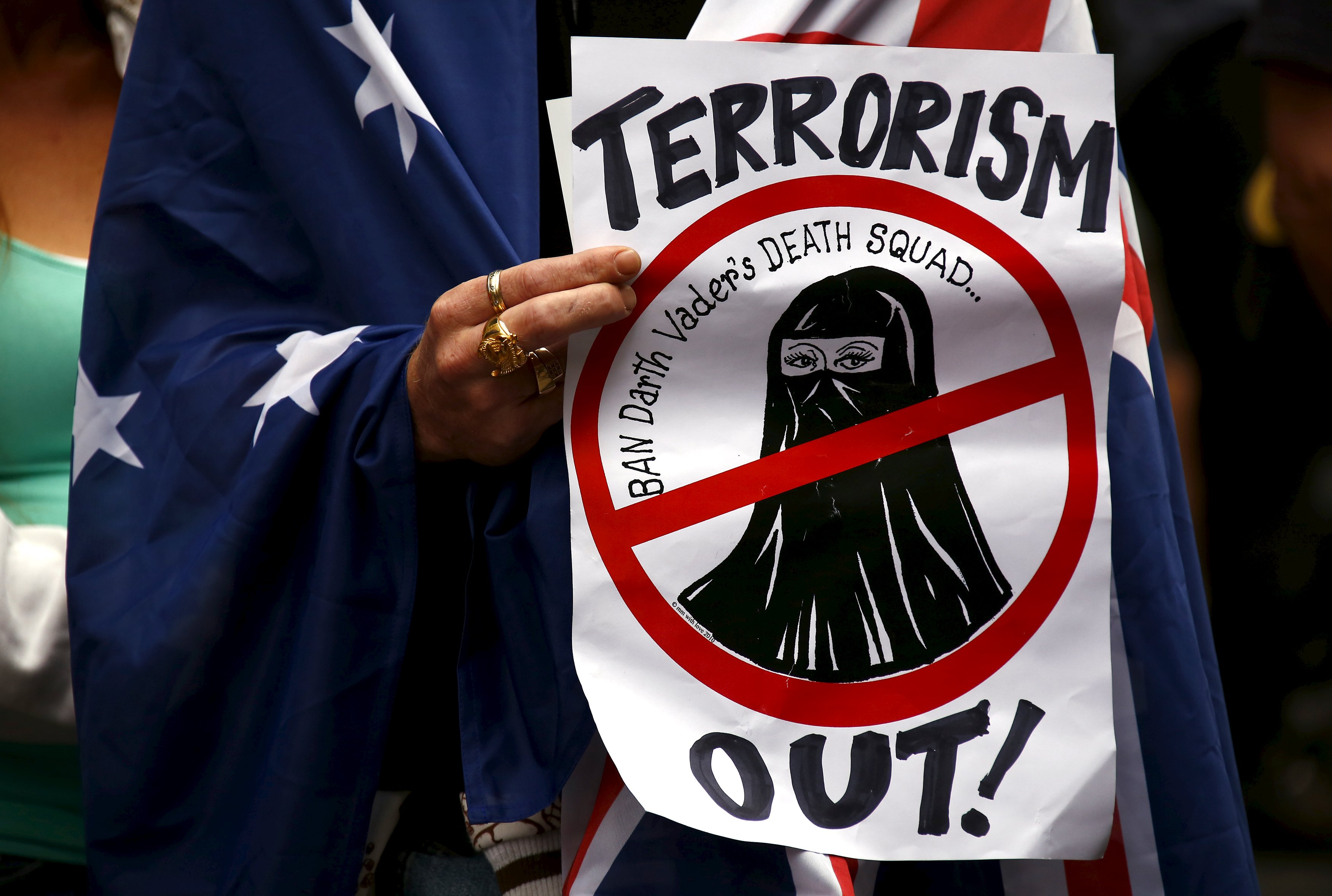An anti-Islam protester at a separate rally easlier this year. Islamophobia has surged in Australia in recent years.