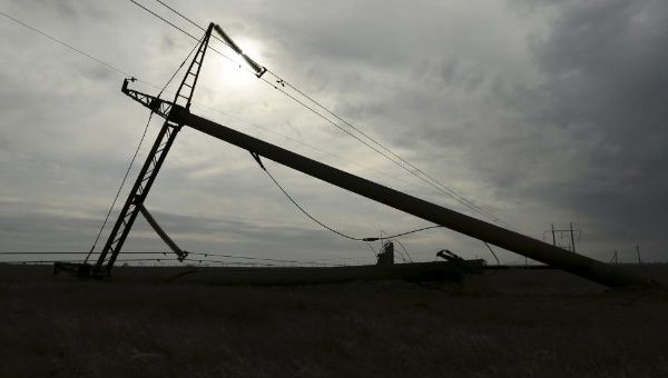 A damaged electrical pylon near the village of Chonhar in Kherson region, Ukraine, Nov.23, 2015