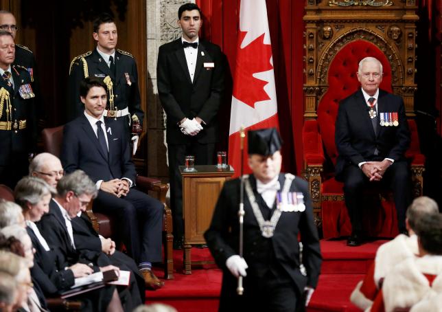 Prime Minister Justin Trudeau (L) gave his first Speech from the Throne on Parliament Hill in Ottawa, Canada, December 4, 2015.