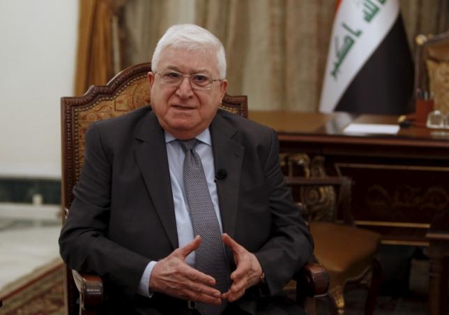 Iraq's President Fouad Massoum speaks during an interview at the presidential palace in Baghdad Mar. 25, 2015.