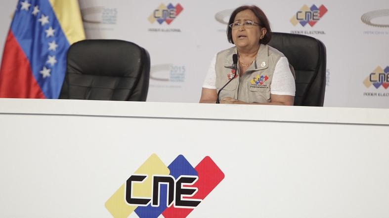 Tibisay Lucena, president of Venezuela's electoral authority, addresses the press over the suspension of a member of the opposition's observation team, Dec. 6. 2015.