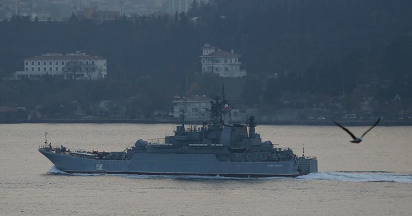 The Russian navy's large landing ship Caesar Kunikov sets sail in the Bosporus toward the Black Sea, in Istanbul on Nov. 25, 2015