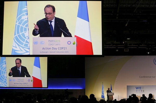 French President Francois Hollande delivers his speech during the Action Day at the World Climate Change Conference 2015, Dec. 5, 2015.