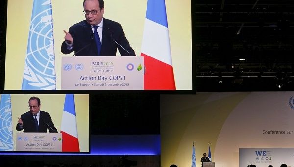 French President Francois Hollande delivers his speech during the Action Day at the World Climate Change Conference 2015, Dec. 5, 2015. 