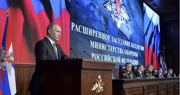 Russian President Vladimir Putin addresses the audience during an annual meeting at the Defence Ministry in Moscow, Russia, Dec.11, 2015.