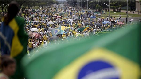 Demonstrators attend a protest calling for the impeachment of Brazil's President Dilma Rousseff near the National Congress in Brasilia, Brazil.