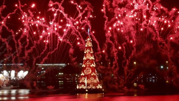 Fireworks explode around Rio's Christmas tree during its lighting ceremony at Rodrigo de Freitas Lagoon in Rio de Janeiro, Brazil.
