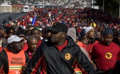 Thousands of striking workers supporting the National Union of Metalworkers of South Africa protest in Cape Town. 