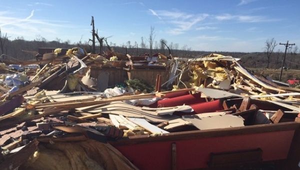 The remains of the Beverly Chapel CME Church on old Highway 4 are seen after a tornado struck Holly Springs, Mississippi, in this National Weather Service picture.