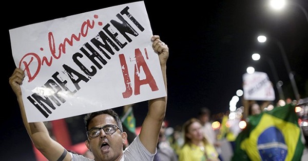 A protester calls for President Dilma Rousseff's impeachment in Brazil.