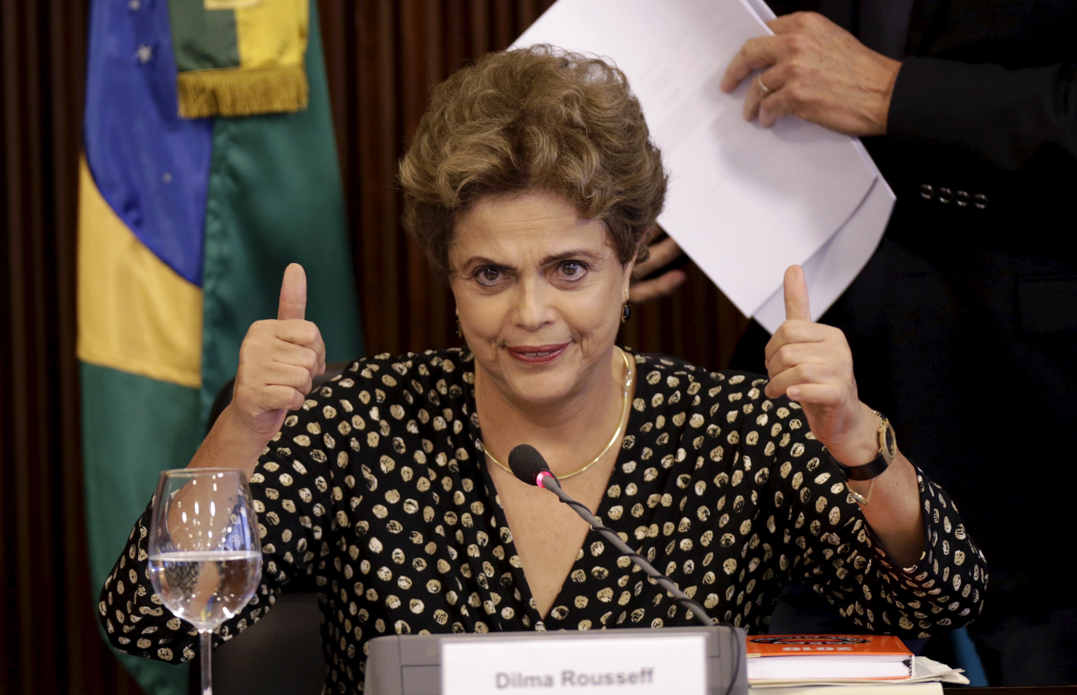 Brazilian President Dilma Rousseff gestures during a meeting in Brasilia, Brazil, December 15, 2015. A key lawmaker congressional commission in Brazil budget recommended approve the accounts of the Government of Dilma Rousseff in 2014, which could undermine the efforts of the opponents of the president.