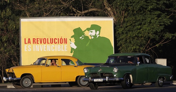 A poster is displayed ahead of 2015's Cuban Revolution celebrations.