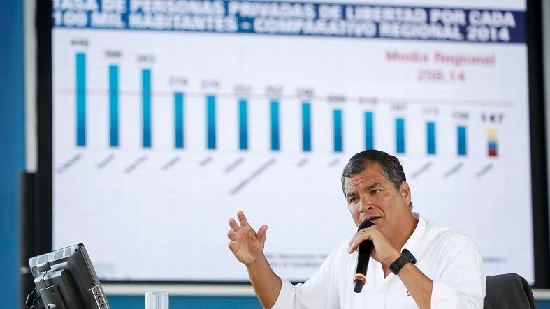 Ecuadorean President Rafael Correa presents a slideshow detailing improvements in the country's justice system, Malchingui, Jan. 9, 2016.