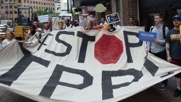 Protesters call for the rejection of the Trans-Pacific Partnership trade deal under negotiation in Atlanta, U.S. in October.