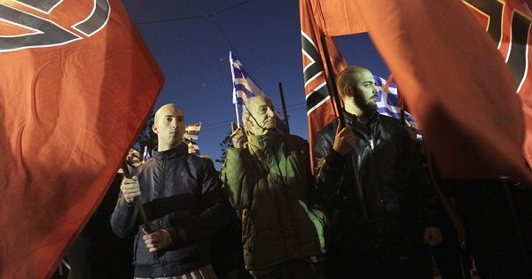 Ultra right-wing Golden Dawn party supporters demonstrate against the presence of migrants without papers in Greece, during the World Day against Racism, Athens, March 21, 2015.