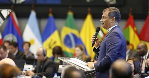 Ecuador's president, Rafael Correa, addresses the heads of state meeting during the fourth CELAC summit in Quito, Ecuador Jan. 27, 2016.