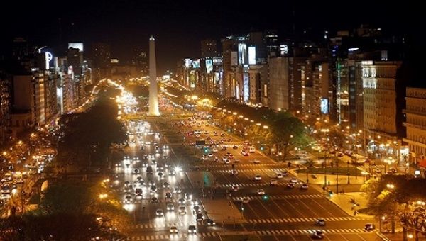 Stock image of a night on the Avenida 9 de Julio in Buenos Aires. 