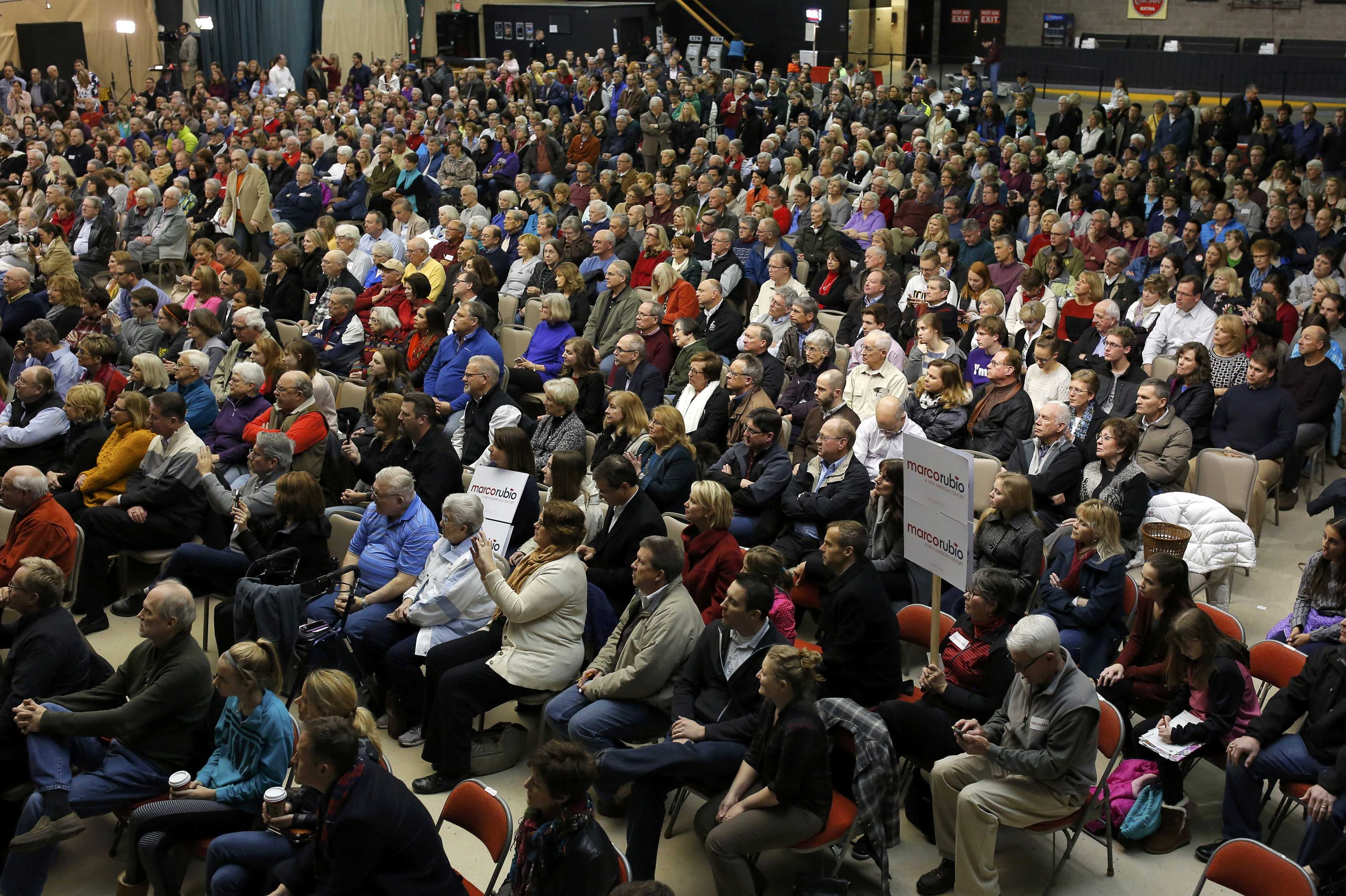 People gather to caucus at the Republican caucus at the 7 Flags Event Center in Clive, Iowa February 1, 2016.