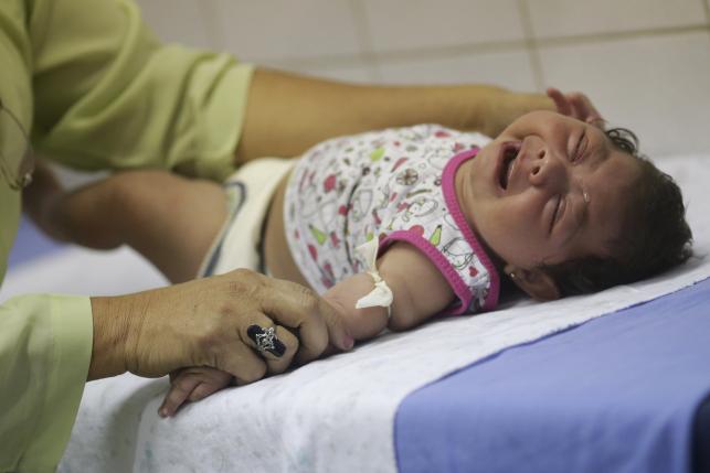 Hospital staff Oswaldo Cruz prepares to draw blood from baby Lorrany Emily da Silva, who has microcephaly, at the Oswaldo Cruz Hospital in Recife, Brazil, Jan. 26, 2016.