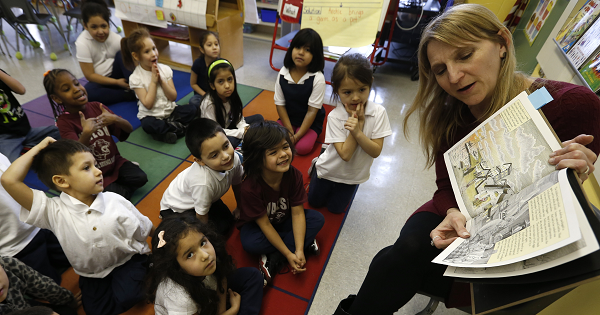 A teacher addresses her first grade class at Walsh Elementary School in Chicago, Illinois, March 1, 2013.