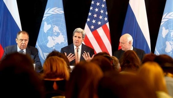 Russian Foreign Minister Sergei Lavrov, U.S. Secretary of State John Kerry and U.N. Special Envoy for Syria, Staffan de Mistura (L-R), Germany, Feb 12, 2016