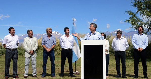 Argentine President Mauricio Macri announces the elimination of retention taxes on mining during an event in San Juan, Argentina, Feb. 12, 2016.