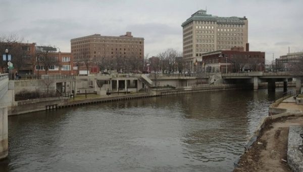 The Flint River flows through downtown in Flint, Michigan, Dec. 16, 2015.